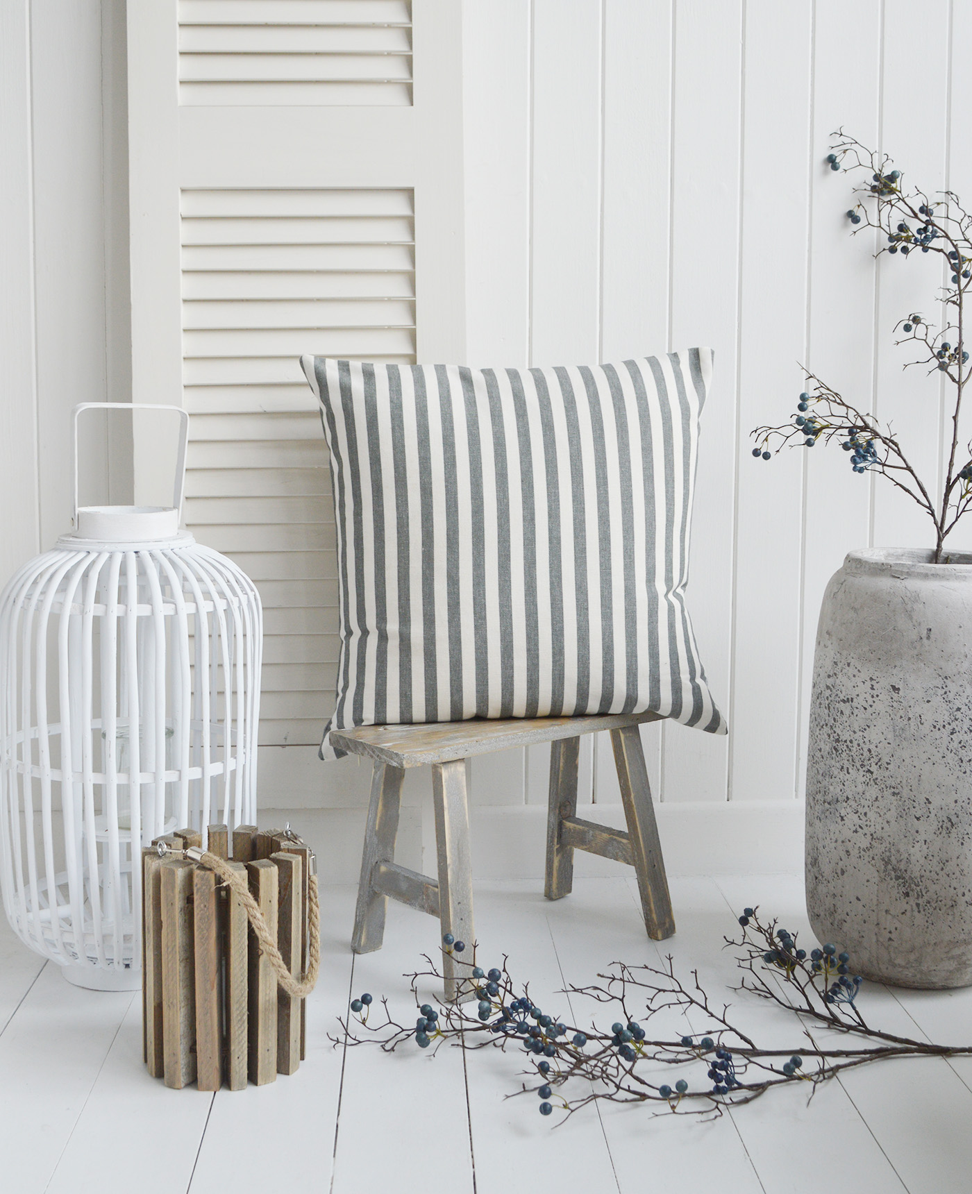 Beach Stripe Cushions in grey and light blue with inner for coastal New England  and Hamptons coastal homes and interiors by the sea