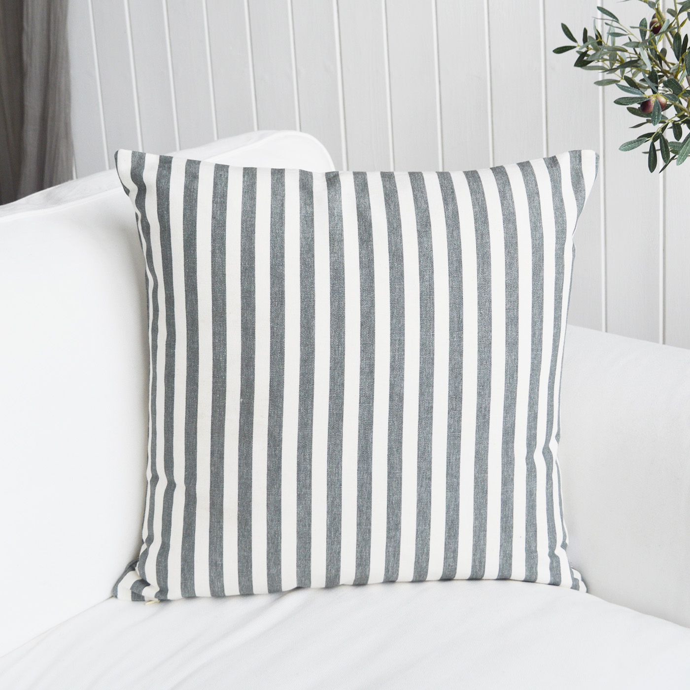 Grey Beach House Stripe Cushion for New England, Coastal and Hamptons interiors