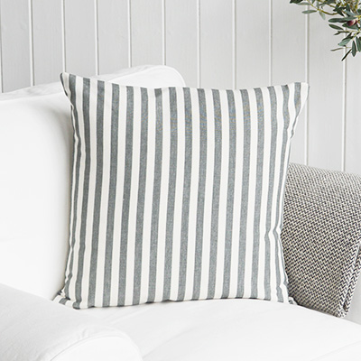 Beach Stripe Cushions in grey and light blue with inner for coastal New England coastal homes and interiors by the sea