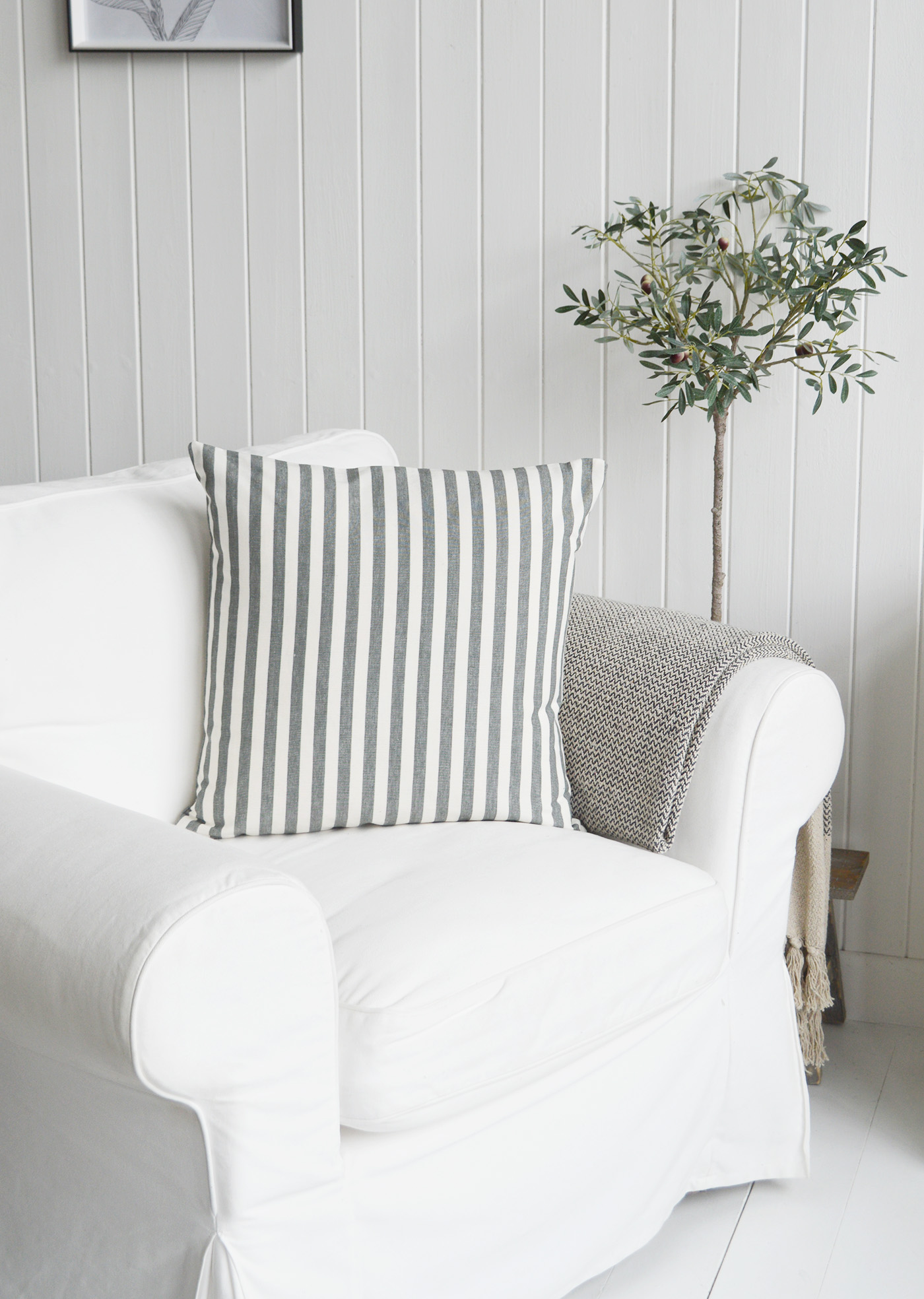 Beach Stripe Cushions in grey and light blue with inner for coastal New England  and Hamptons coastal homes and interiors by the sea