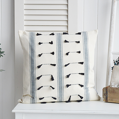 The White Lighthouse. Navy vintage linen style cushion with navy stripe and tufts for texture for New England countyr and coastal furniture and interiors