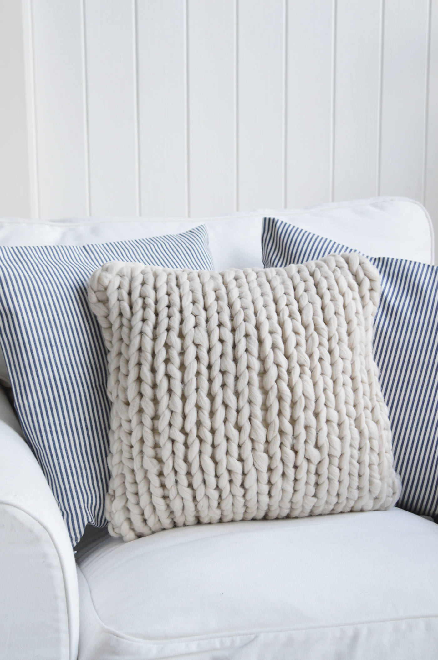 Mayfair Ivory Chunky Knit cushion cover for New England interiors. Relaxed living for homes by the sea and in the country