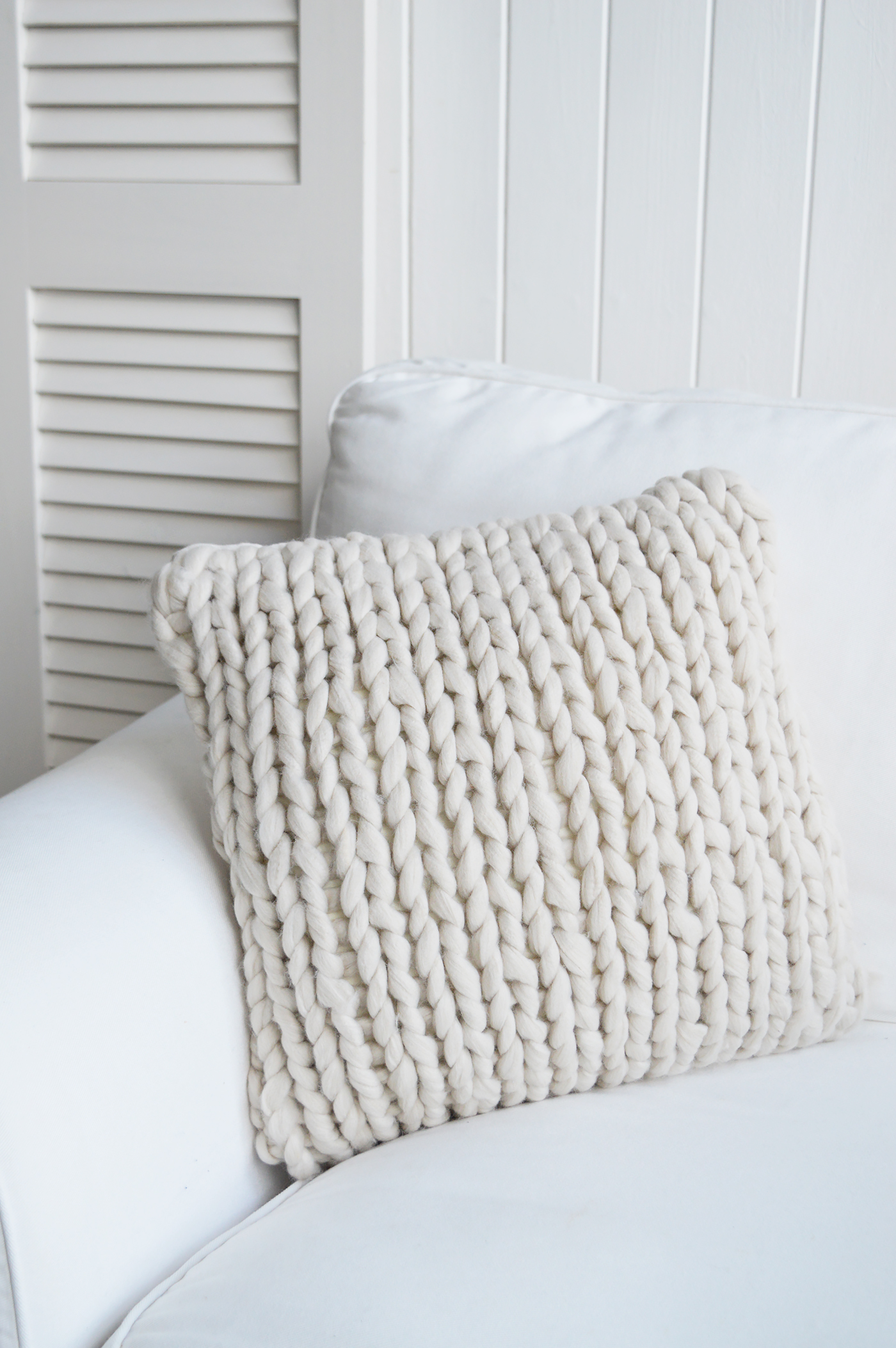 Mayfair Ivory Chunky Knit cushion cover for New England interiors. Relaxed living for homes by the sea and in the country