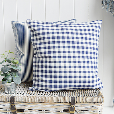 The White Lighthouse. Navy blue and White Floral Cushion Cover. New England and White Home Interiors and furniture