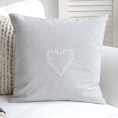 Chadwick embroidered heart grey cushion cover  for texture for New England country and coastal furniture and Beach House Coastal interiors