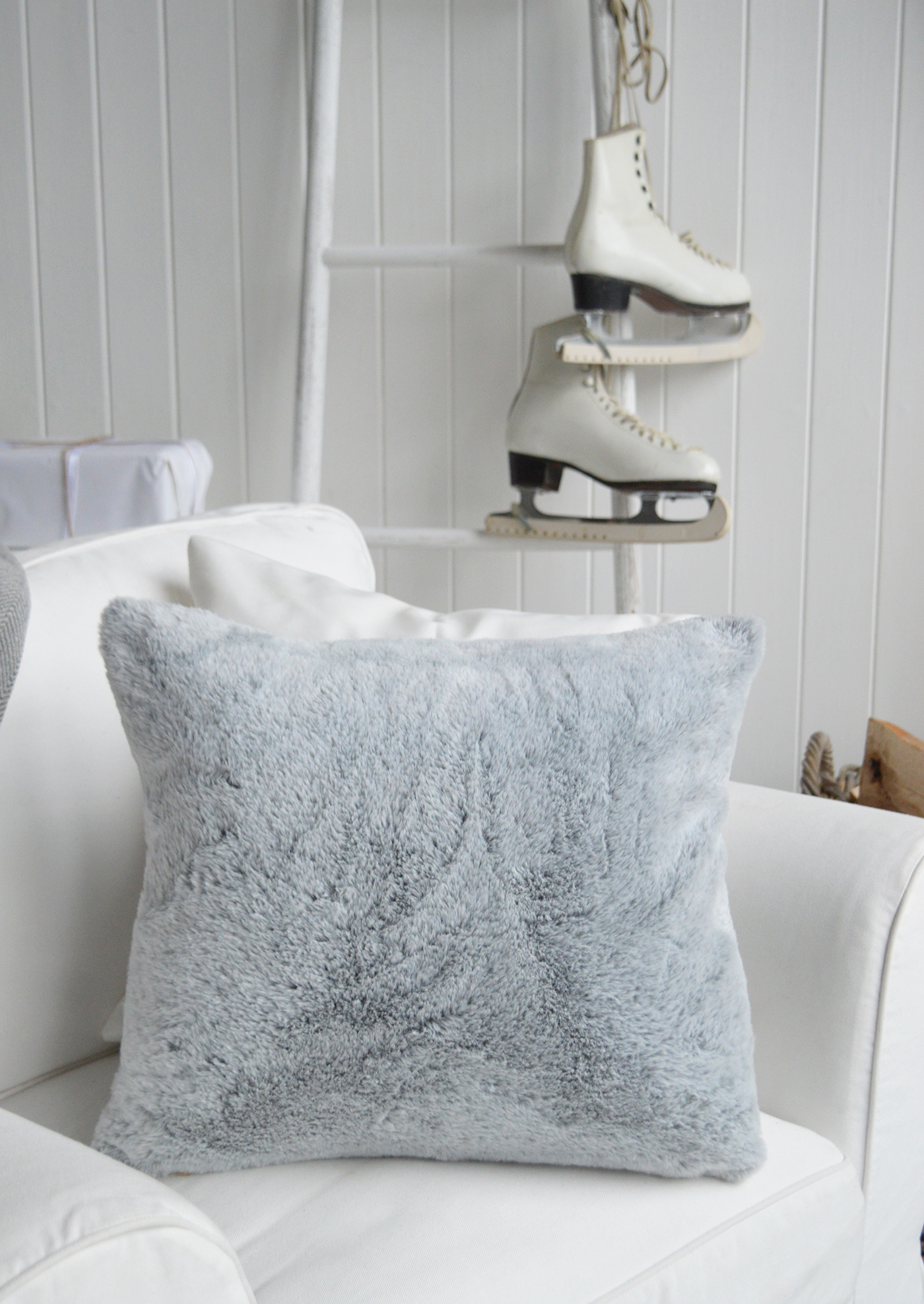 Grey faux fur cushion cover for modern farmhouse and country home interiors