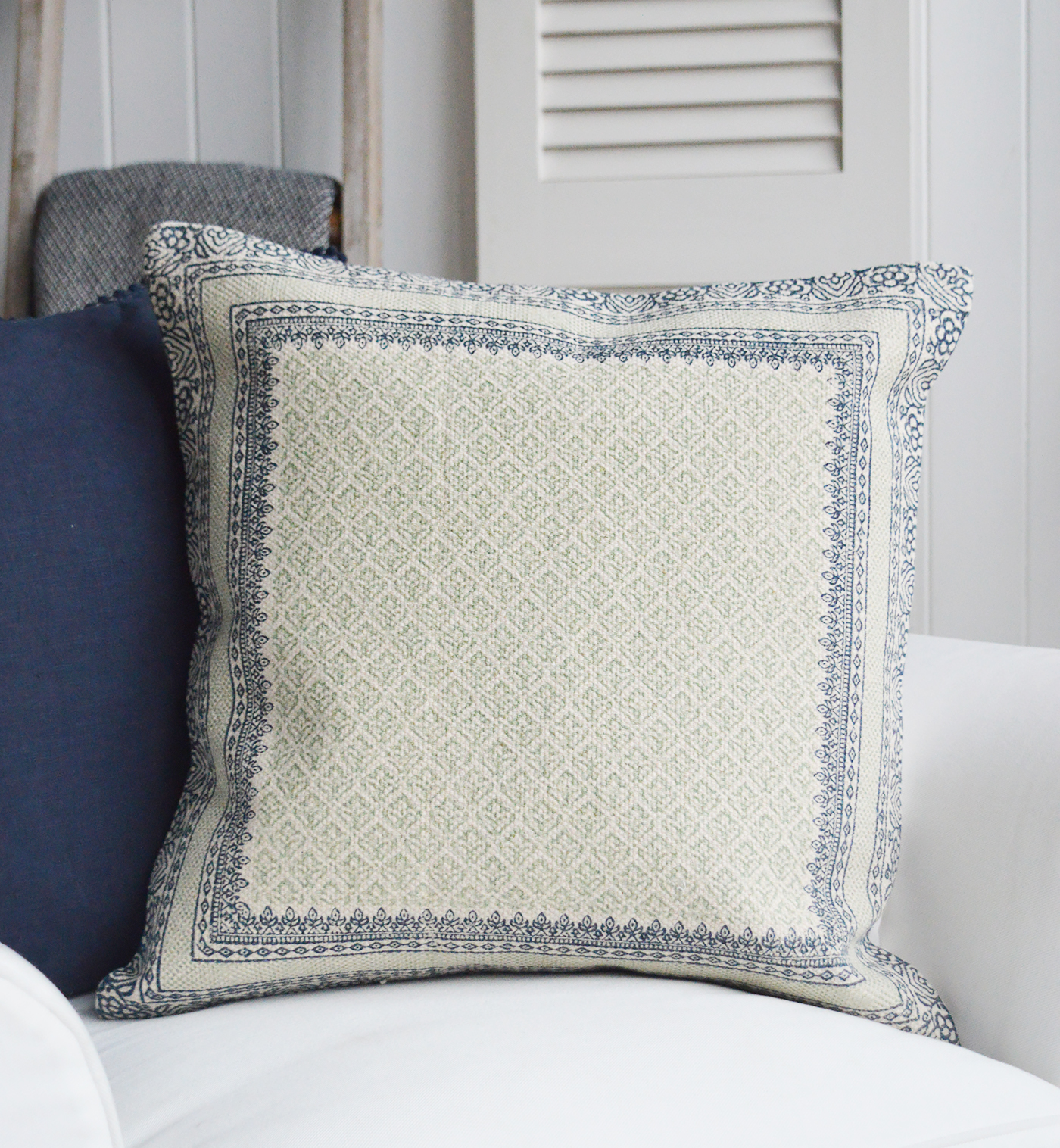 Quincy cushion cover in french grey and navy for New England interiors for coastal, country and Modern farmhouse homes