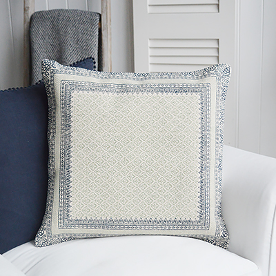 New England style Christmas Decor for cottage, farm house, coastal, country and city homes and interiors. Quincy cushion cove in navy, french grey and natural