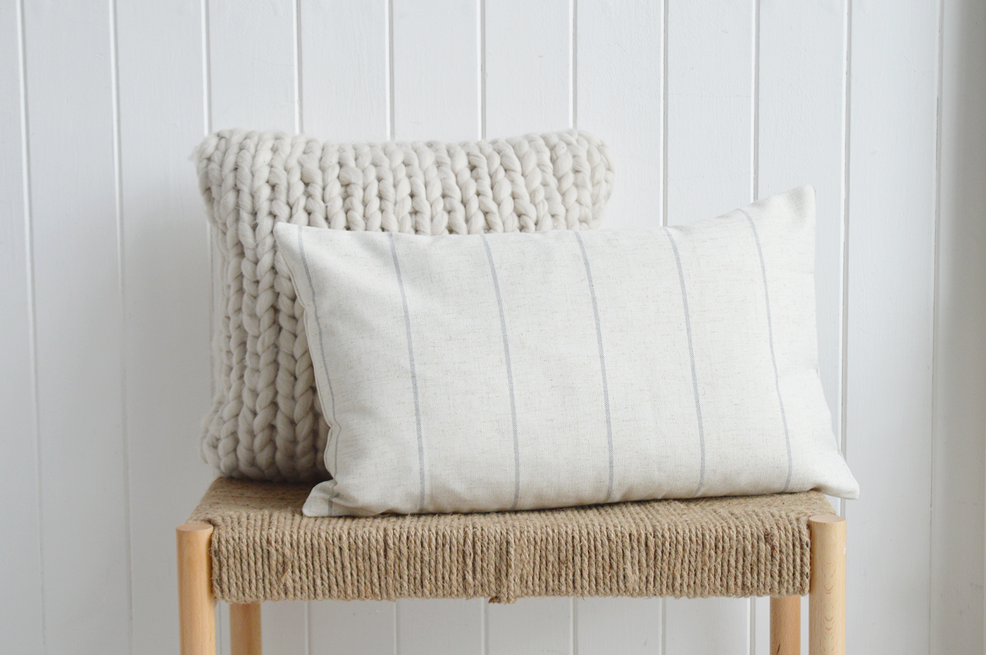 Natural pin stripe cushion in rectangle to style and furnish New England modern farmhouse and coastal homes and interiors