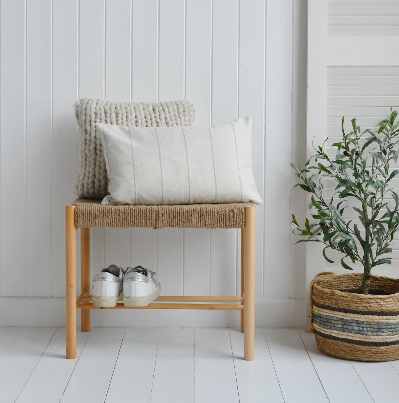 Natural pin stripe cushion in rectangle to style and furnish New England modern farmhouse and coastal homes and interiors