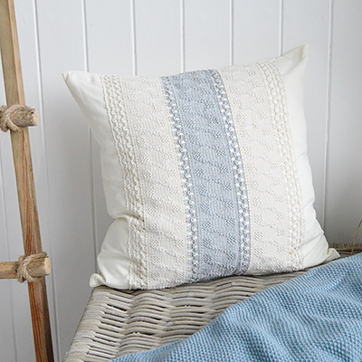 Refresh your sofa or bedroom with the Limington blue floral cushion cover, featuring an off-white background and textured weave for Hamptons and coastal interiors.