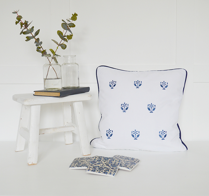 The White Lighthouse. Navy blue and White Floral Cushion Cover. New England and White Home Interiors and furniture