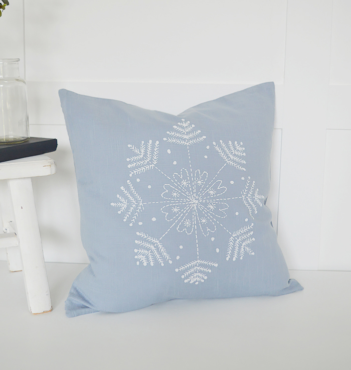 The White Lighthouse. Pale Blue Heart Cushion Cover. New England and White Home Interiors and furniture