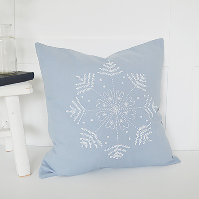 The White Lighthouse. Pale Blue Heart Cushion Cover. New England and White Home Interiors and furniture