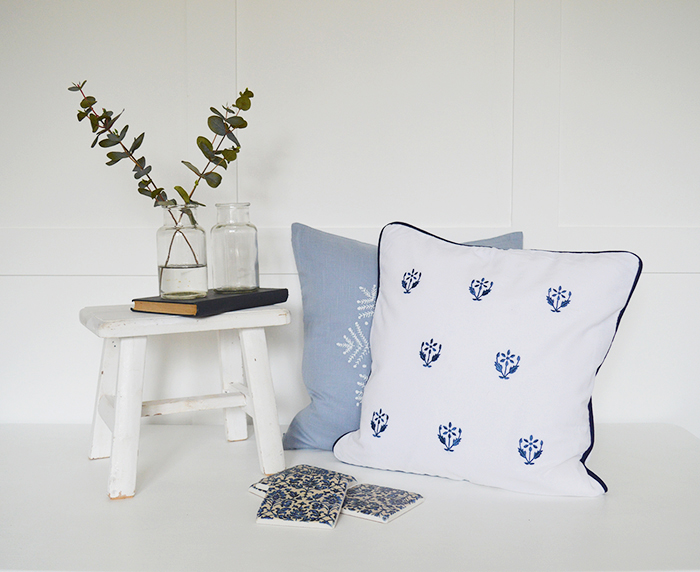 The White Lighthouse. Pale blue and Navy blue and White Floral Cushion Cover. New England and White Home Interiors and furniture