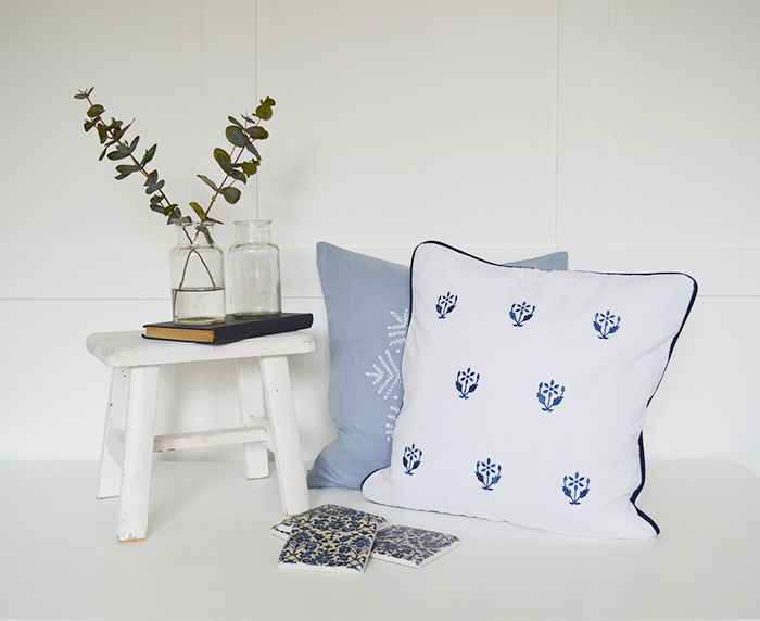 The White Lighthouse. Navy blue and White Floral Cushion Cover. New England and White Home Interiors and furniture