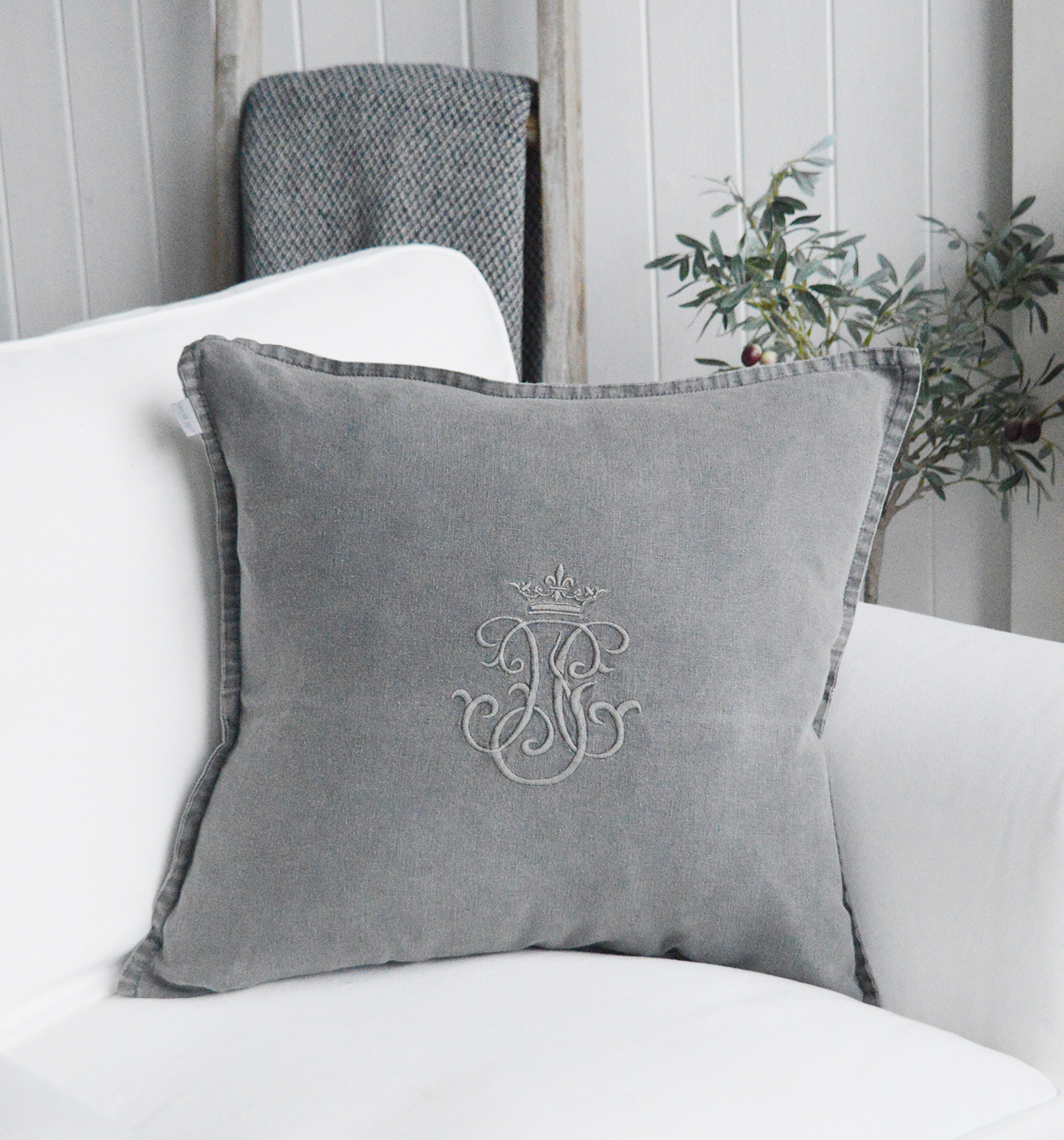 Grey linen Monogram cushion with feather inner for luxurious New England styled interiors. Hamptons, Coasyla, country and modern farmhouse furniture and home interiors