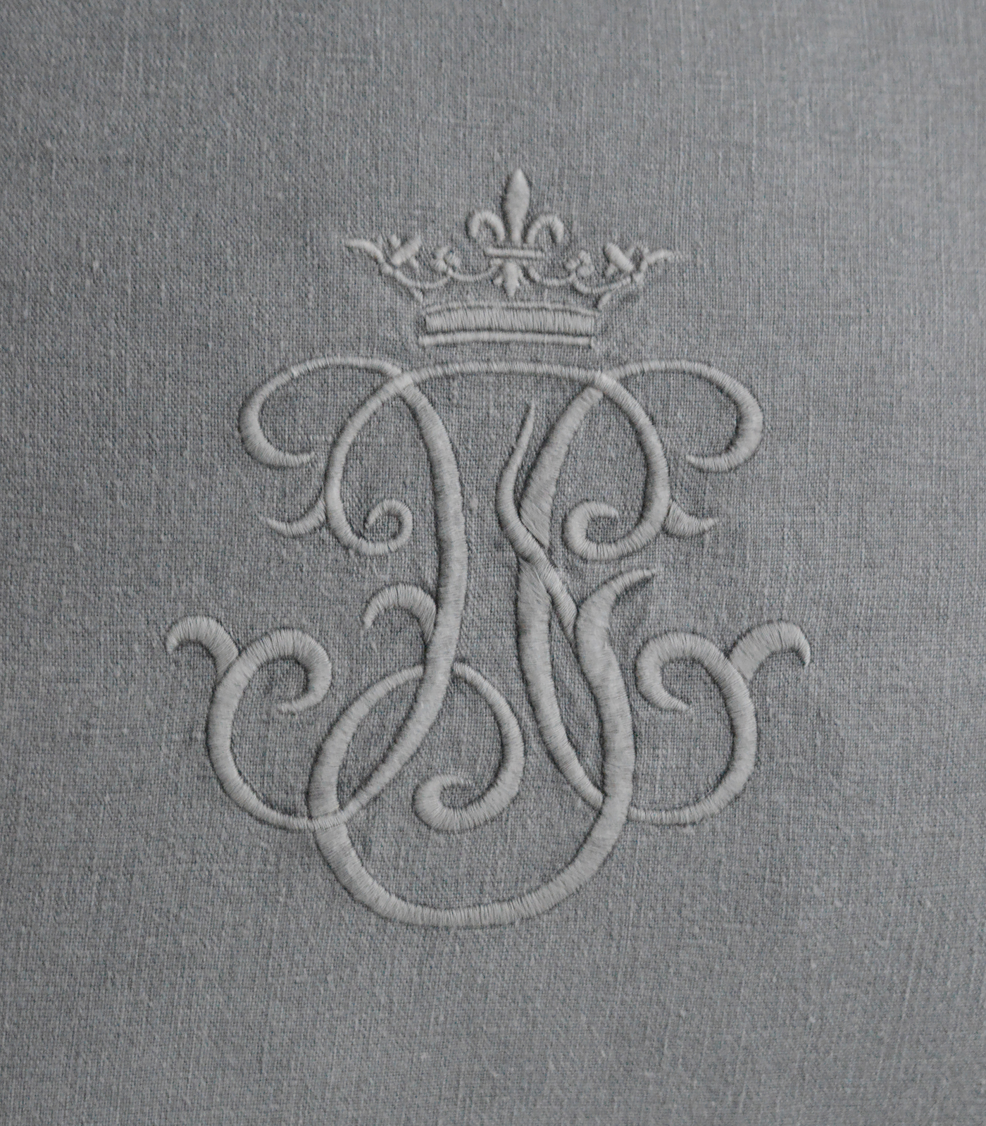 Grey linen Monogram cushion with feather inner for luxurious New England styled interiors. Hamptons, Coasyla, country and modern farmhouse furniture and home interiors