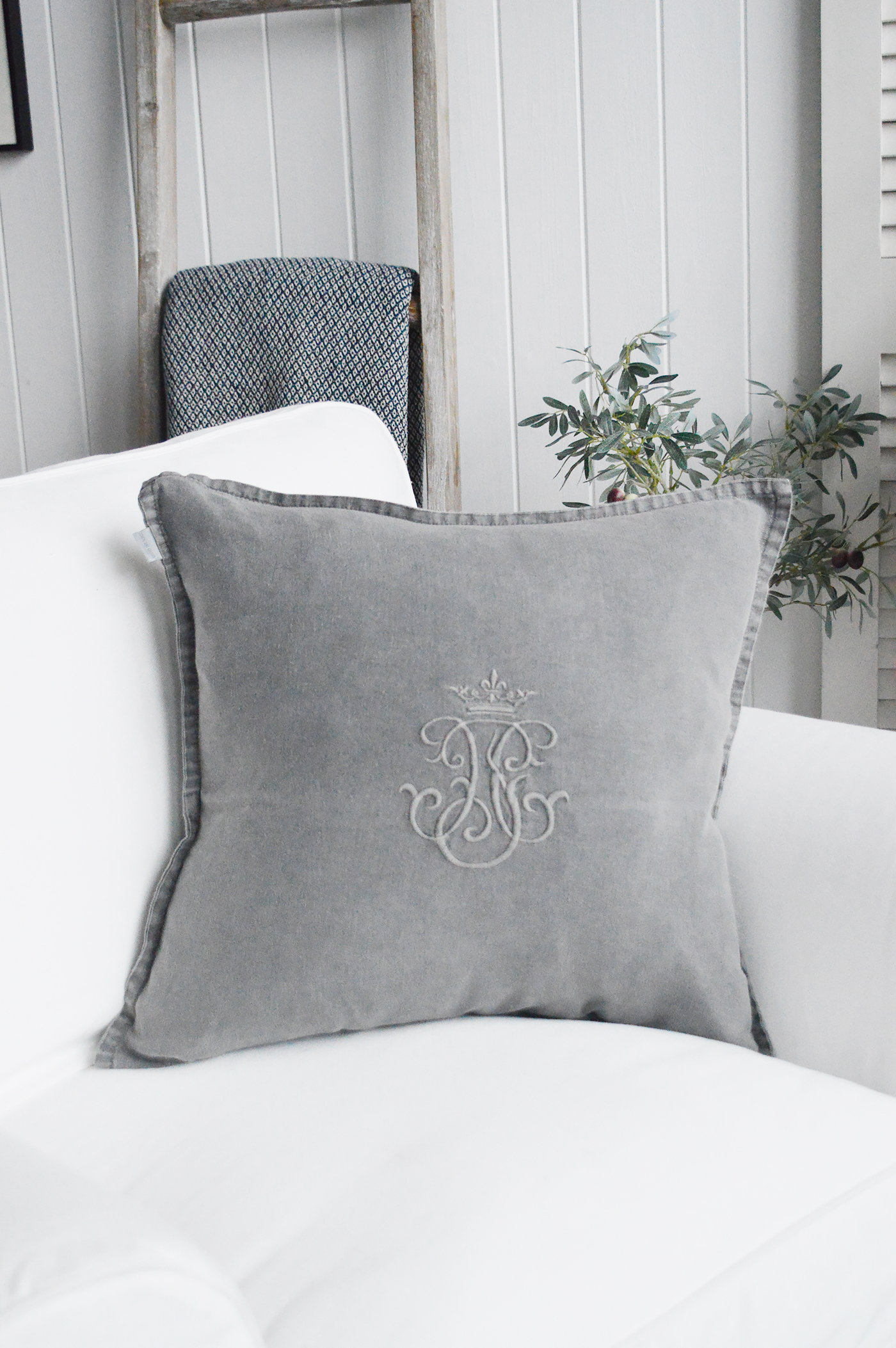 Grey linen Monogram cushion with feather inner for luxurious New England styled interiors. Hamptons, Coasyla, country and modern farmhouse furniture and home interiors