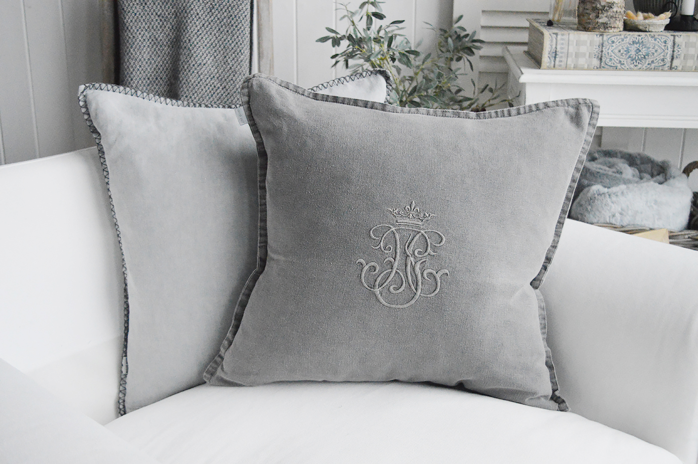 Grey linen Monogram cushion with feather inner for luxurious New England styled interiors. Hamptons, Coasyla, country and modern farmhouse furniture and home interiors