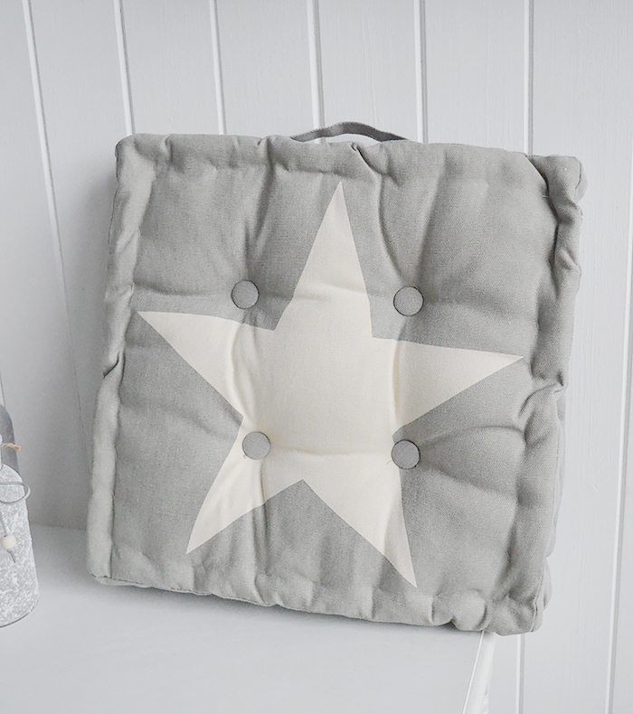 Grey star box cushion for benches or seats or as a floor cushion from The White Lighthouse Furniture for New England coastal, country and city home interiors