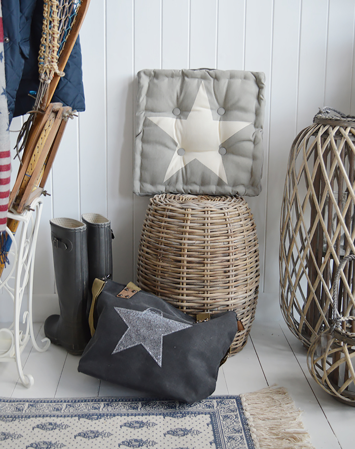 Grey box cushion in a New England hallway