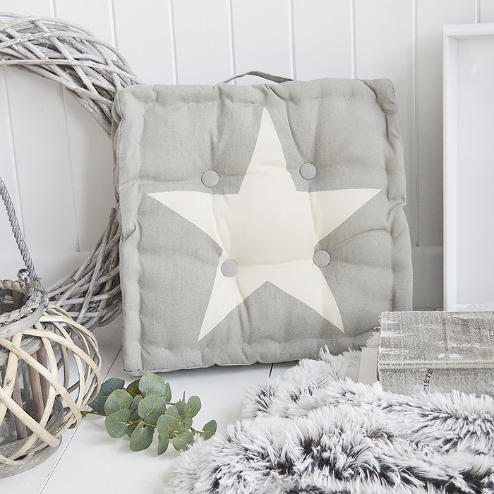 Grey star box cushion for benches or seats or as a floor cushion from The White Lighthouse Furniture for New England coastal, country and city home interiors