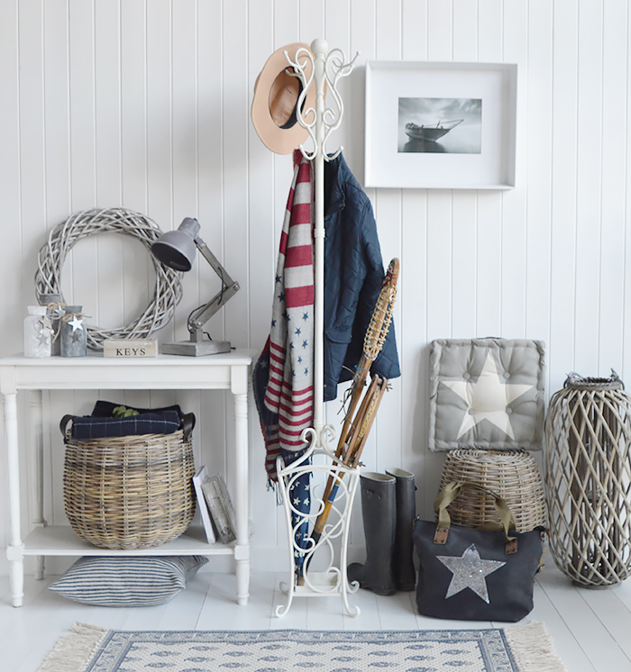 Grey box cushion in a New England hallway