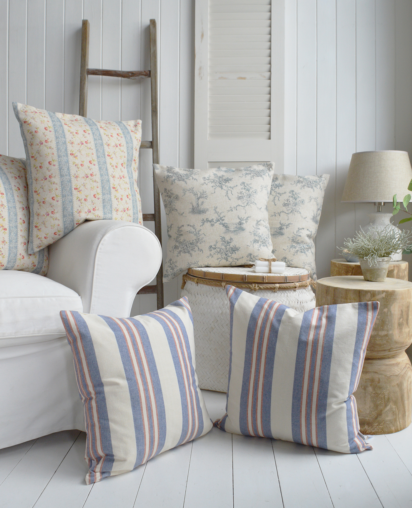 New England style luxury cushions in stripes and florals, perfect to complement our range of coastal, modern farmhouse and country furniture