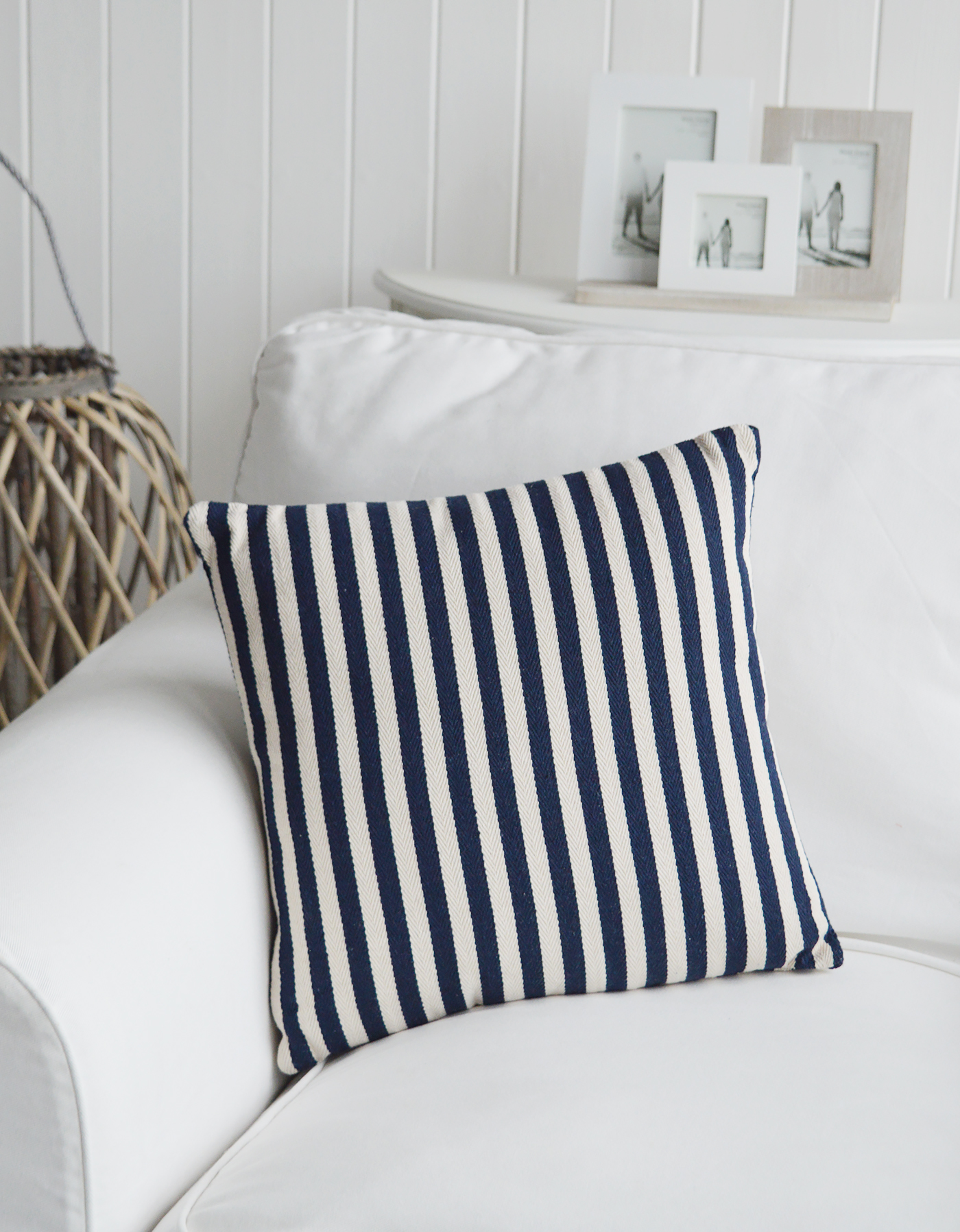 The White Lighthouse. New England Style Country, Coastal and White Furniture and accessories for the home. New England cushions and soft furnishing - Harrison Navy Blue and White Stripe Cushion