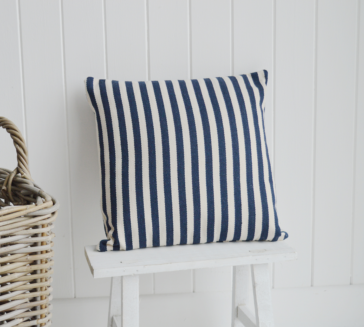 The White Lighthouse. New England Style Country, Coastal and White Furniture and accessories for the home. New England cushions and soft furnishing - Harrison Navy Blue and White Stripe Cushion