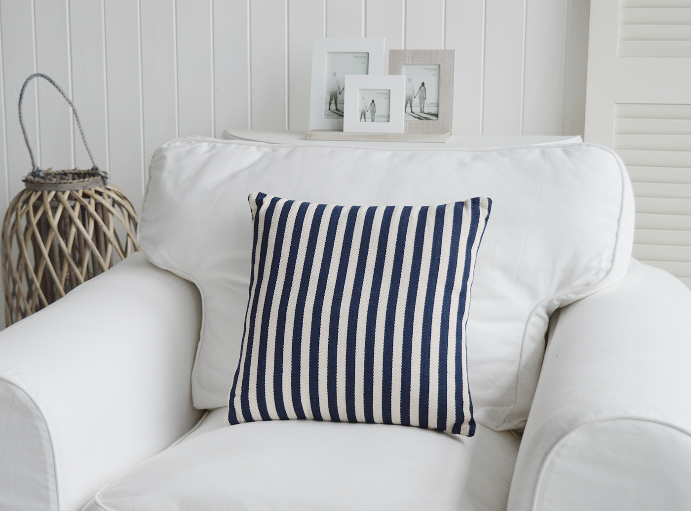 The White Lighthouse. New England Style Country, Coastal and White Furniture and accessories for the home. New England cushions and soft furnishing - Harrison Navy Blue and White Stripe Cushion