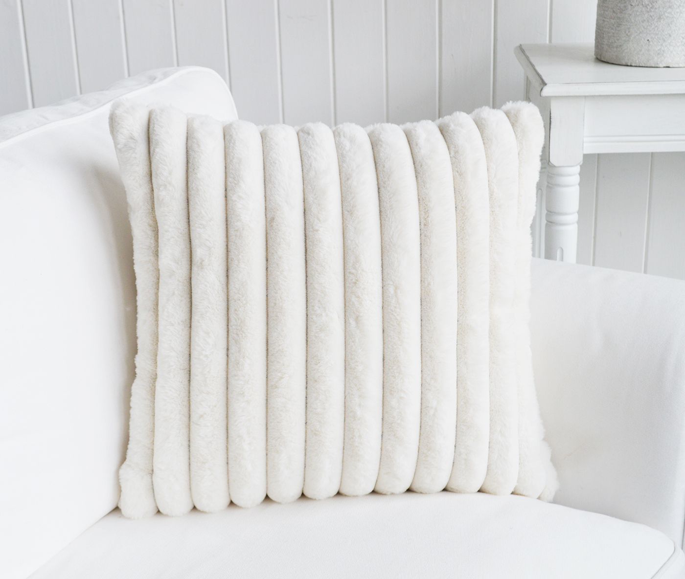 Jackson ivory white faux fur cushion cover - The White Lighthouse Hamptons and New England Interiors. Coastal, country and modern farmhouse