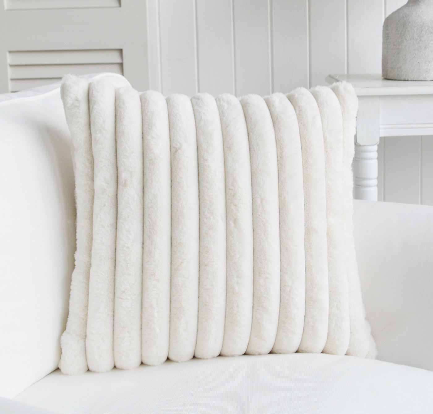 Jackson ivory white faux fur cushion cover - The White Lighthouse Hamptons and New England Interiors. Coastal, country and modern farmhouse