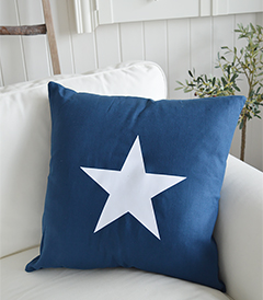 Newhamptons linen cushion in navy stars from The White Lighthouse furniture for New England, country and coast home interiors. Hallway, Living room, bedroom and bathroom