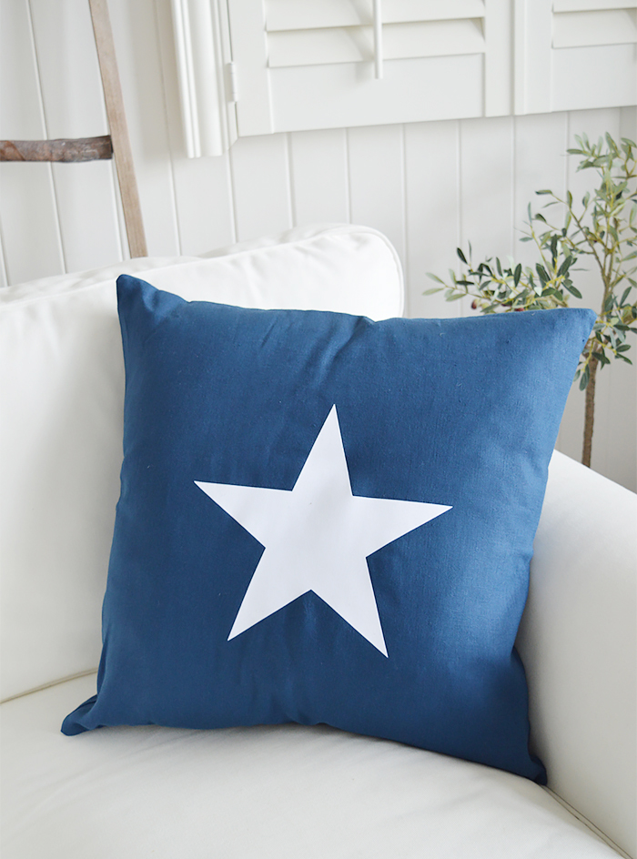 Newhamptons linen cushion in navy stars from The White Lighthouse furniture for New England, country and coast home interiors. Hallway, Living room, bedroom and bathroom