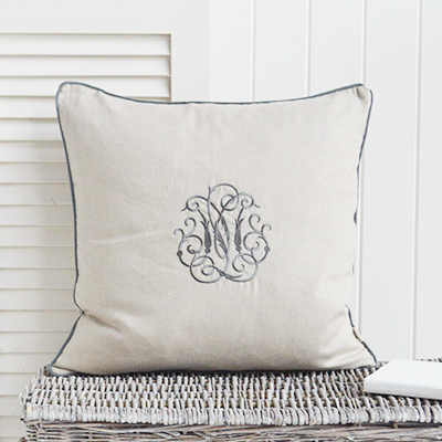 New England Style Country, Coastal and White Furniture and accessories for the home. Richmond 100% stonewashed Linen Feather Filled Cushion. Natural Monogram linen cushions with navy piped border