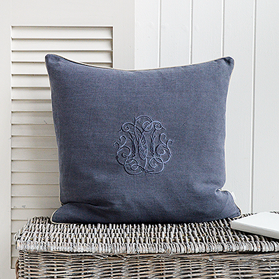 New England Style Country, Coastal and White Furniture and accessories for the home. Richmond 100% stonewashed Linen Feather Filled Cushion. Navy Monogram linen cushions with navy piped border