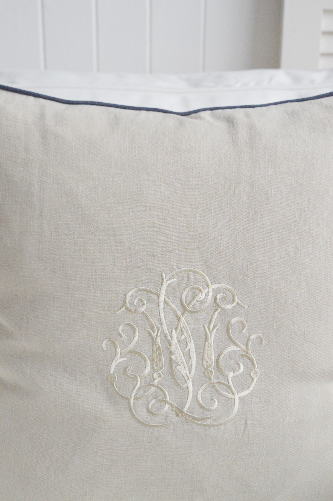 New England Style cushions for modern country, farmhouse and Coastal .  White and coastal furniture for homes and interiors. Richmond 100% stonewashed natural Linen Feather Filled Cushion with navy piping