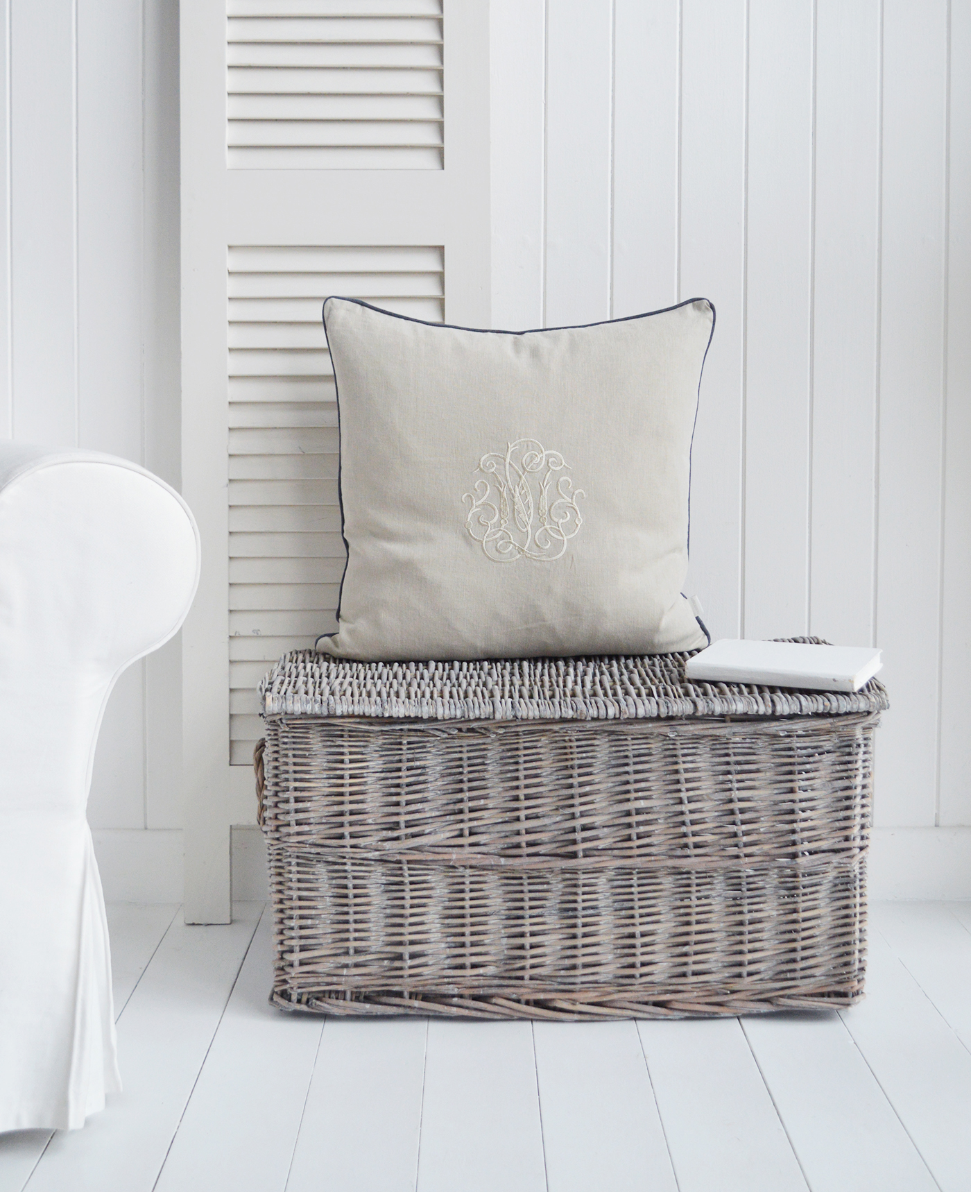 New England Style cushions for modern country, farmhouse and Coastal .  White and coastal furniture for homes and interiors. Richmond 100% stonewashed natural Linen Feather Filled Cushion with navy piping