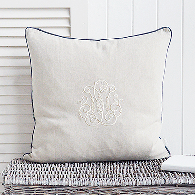 New England Style Country, Coastal and White Furniture and accessories for the home. Richmond 100% stonewashed Linen Feather Filled Cushion. Natural Monogram linen cushions with navy piped border