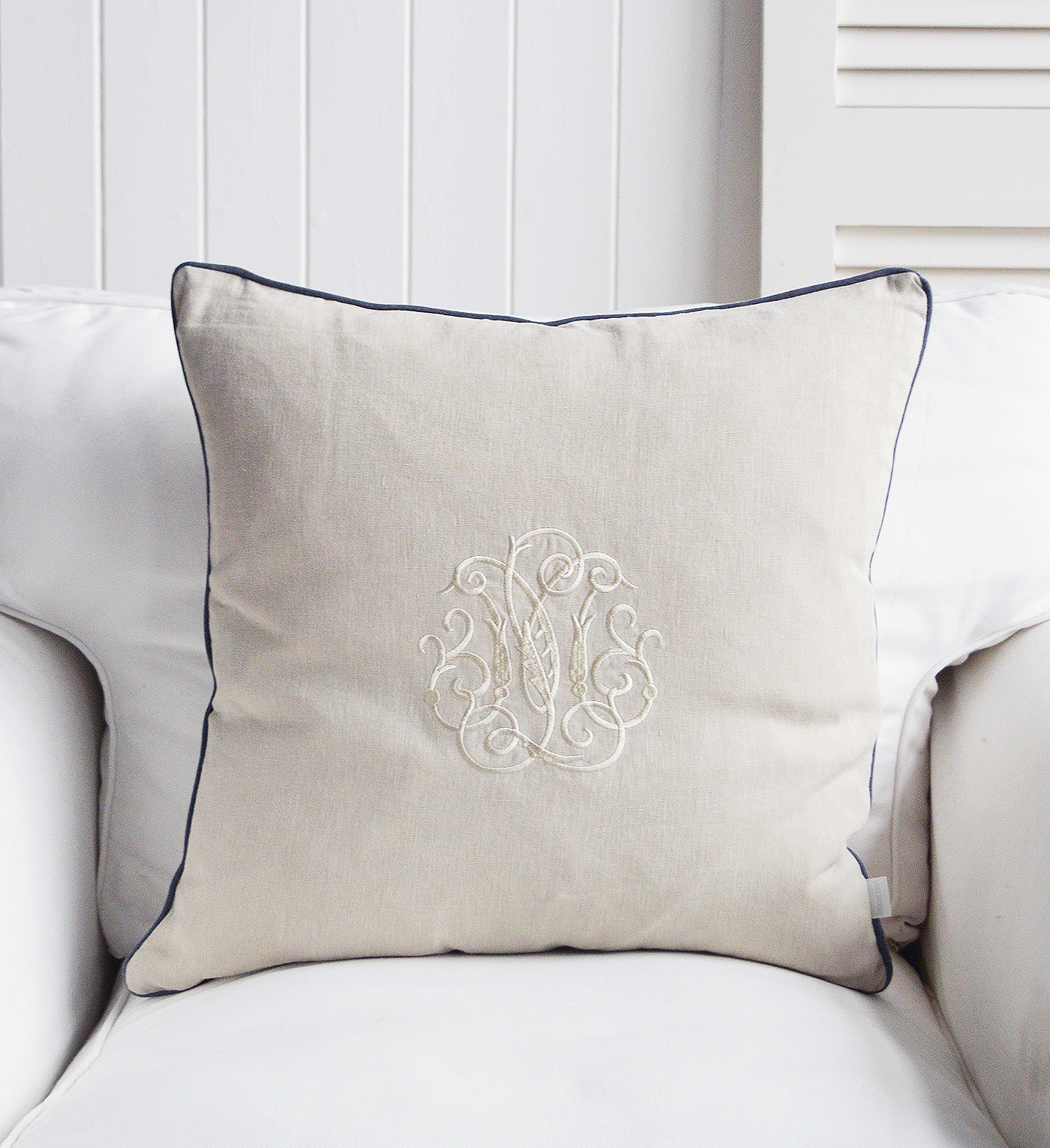 New England Style cushions for modern country, farmhouse and Coastal .  White and coastal furniture for homes and interiors. Richmond 100% stonewashed natural Linen Feather Filled Cushion with navy piping