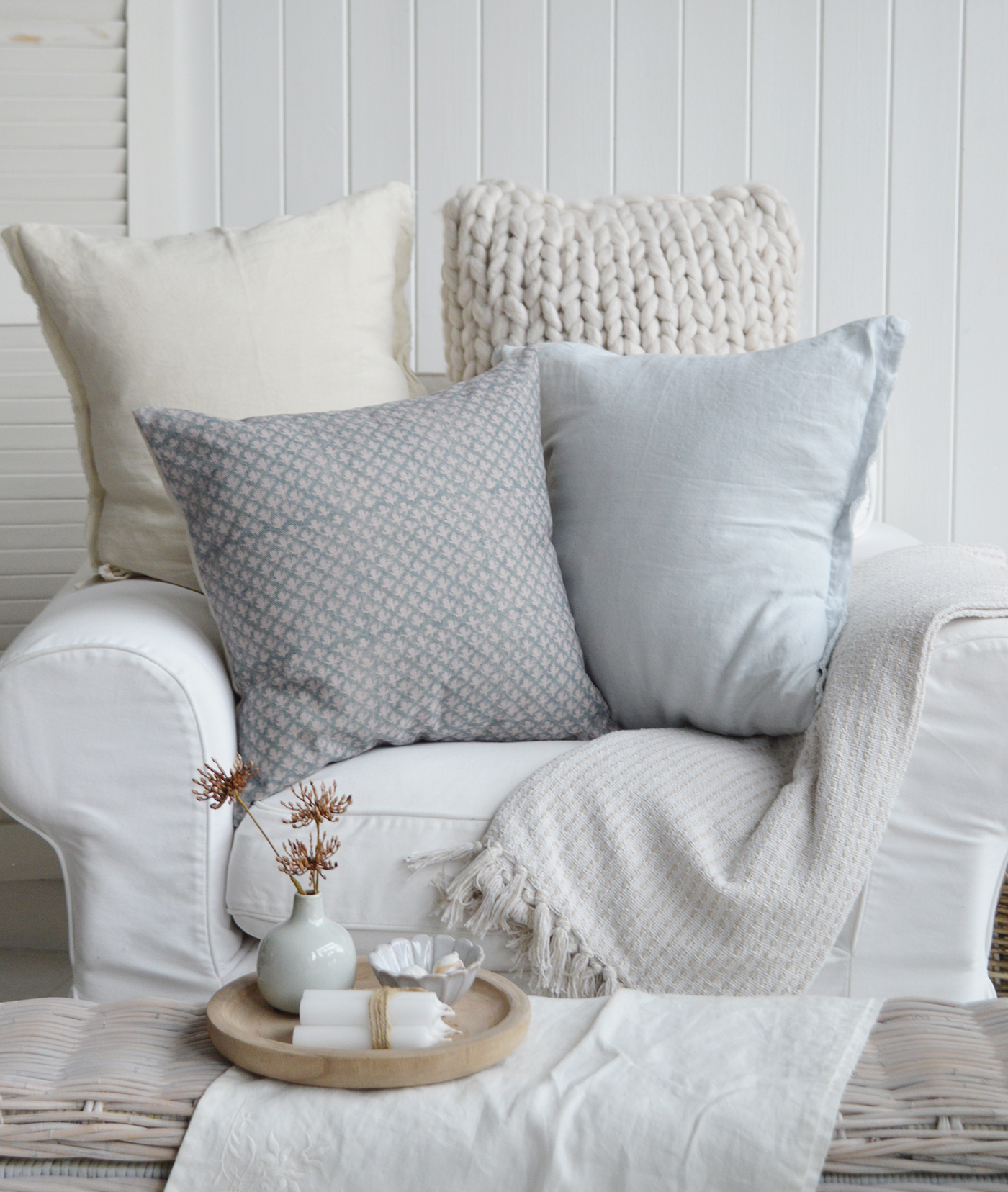New England coastal decor featuring luxury linen blend cushion