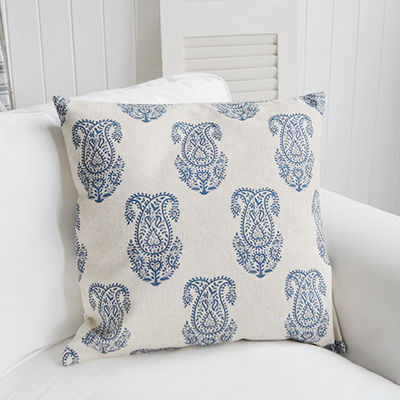 Colton Navy Blue Paisley cushion - Luxury New England style cushions. Country, coastal and Modern Farmhouse homes and interiors