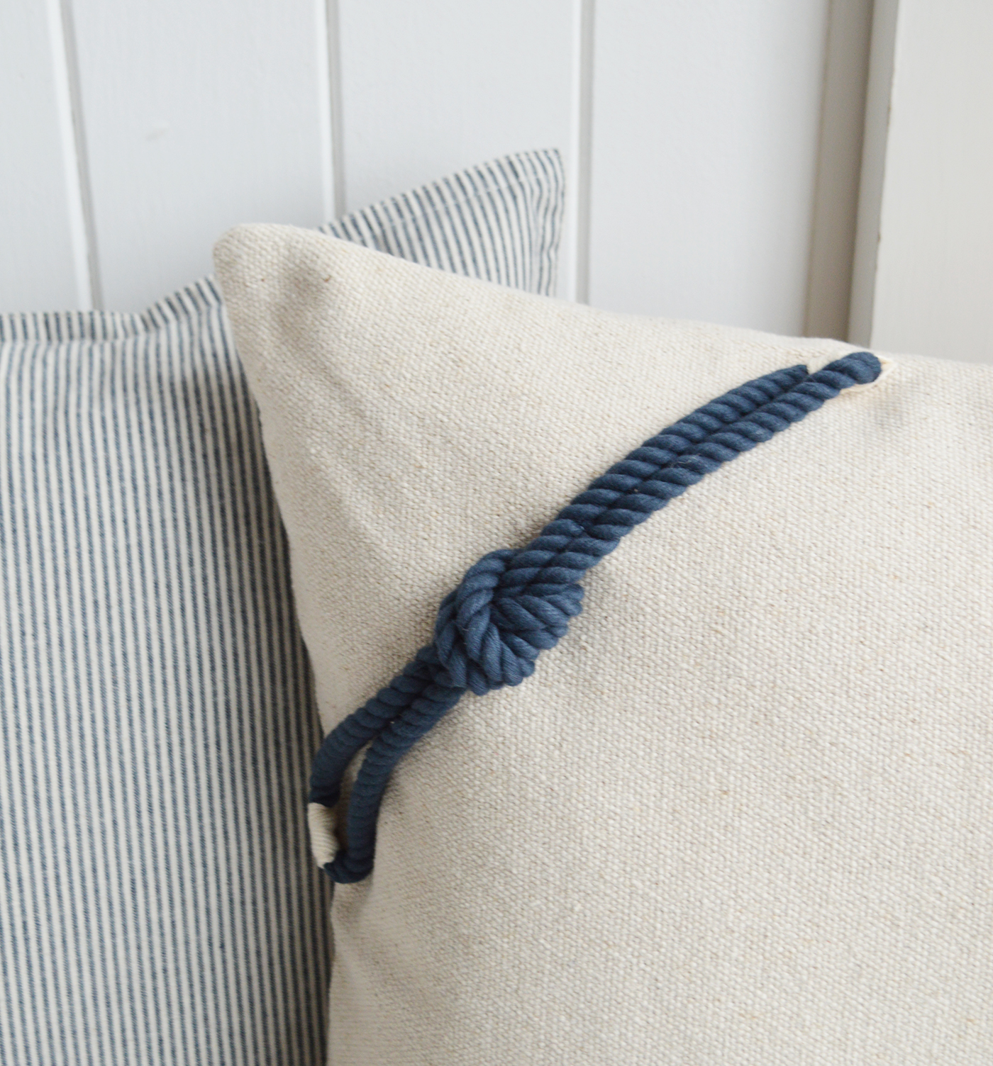 Navy rope vintage linen style cushion  for texture for New England country and coastal furniture and Beach House Coastal interiors