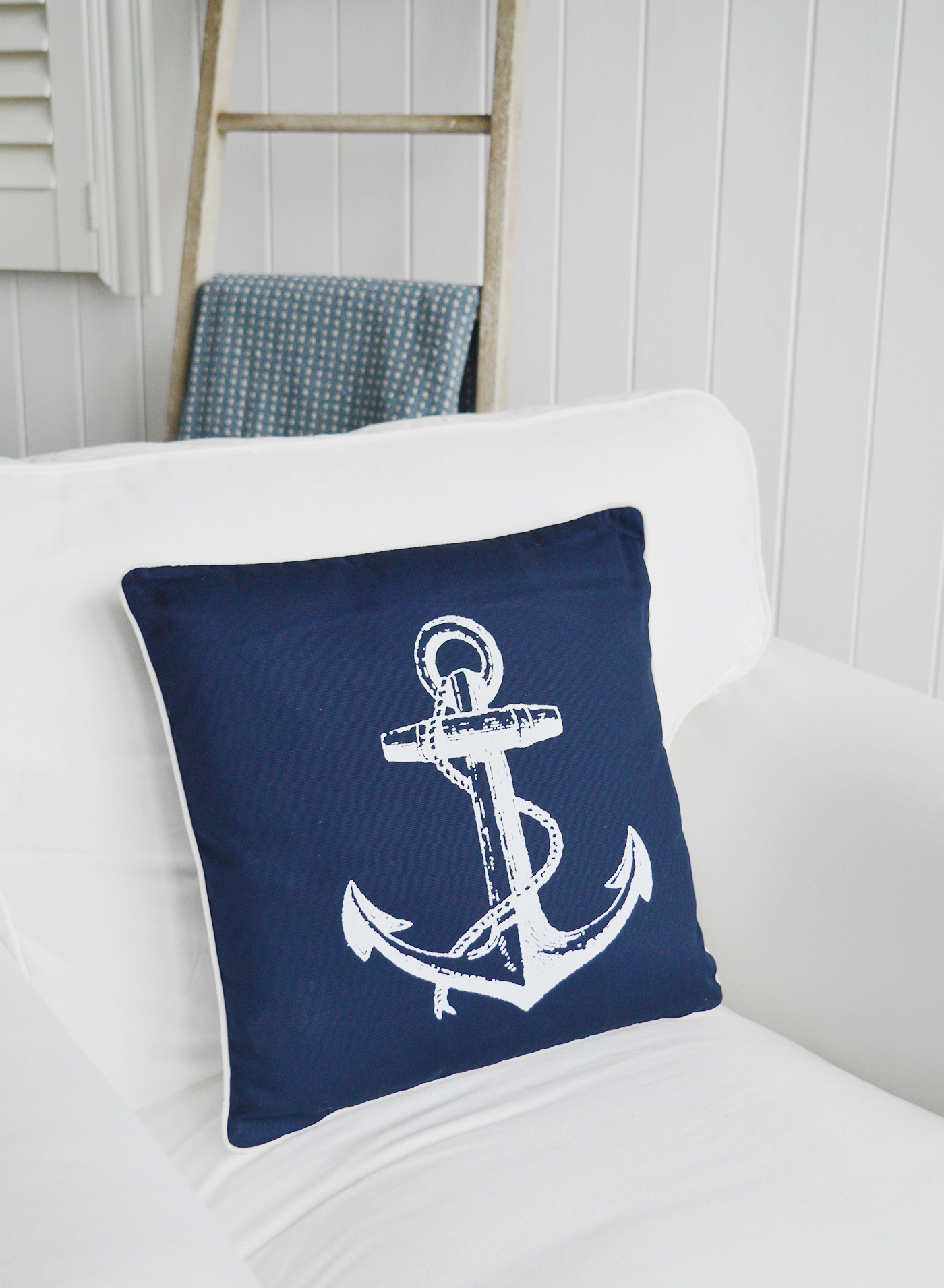 Navy and White anchor cushion with inner for coastal New England homes and interiors by the sea