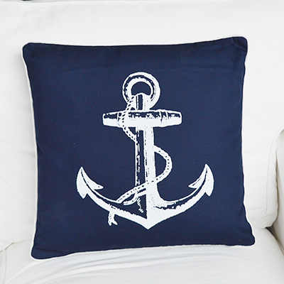 Navy and White anchor cushion with inner for coastal New England homes and interiors by the sea