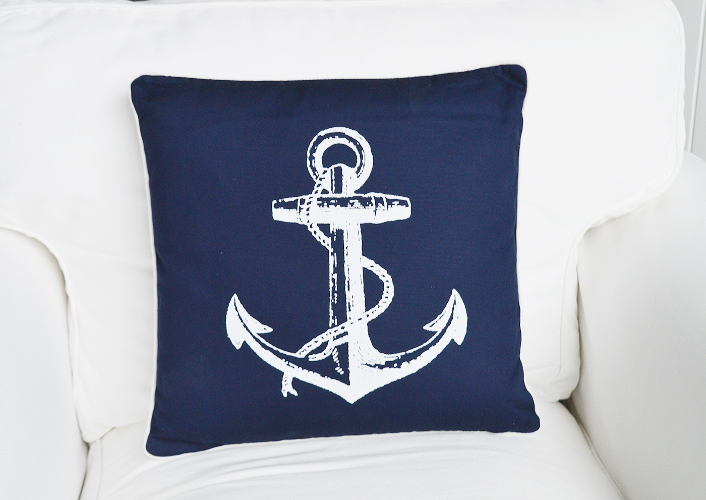 Navy and White anchor cushion with inner for coastal New England homes and interiors by the sea