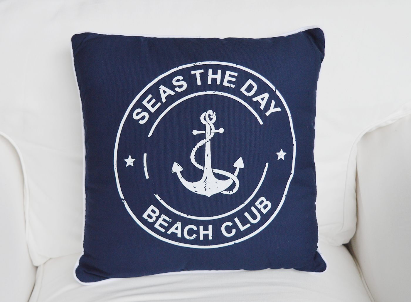 Navy and White Beach Club cushion with inner for coastal New England homes and interiors by the sea