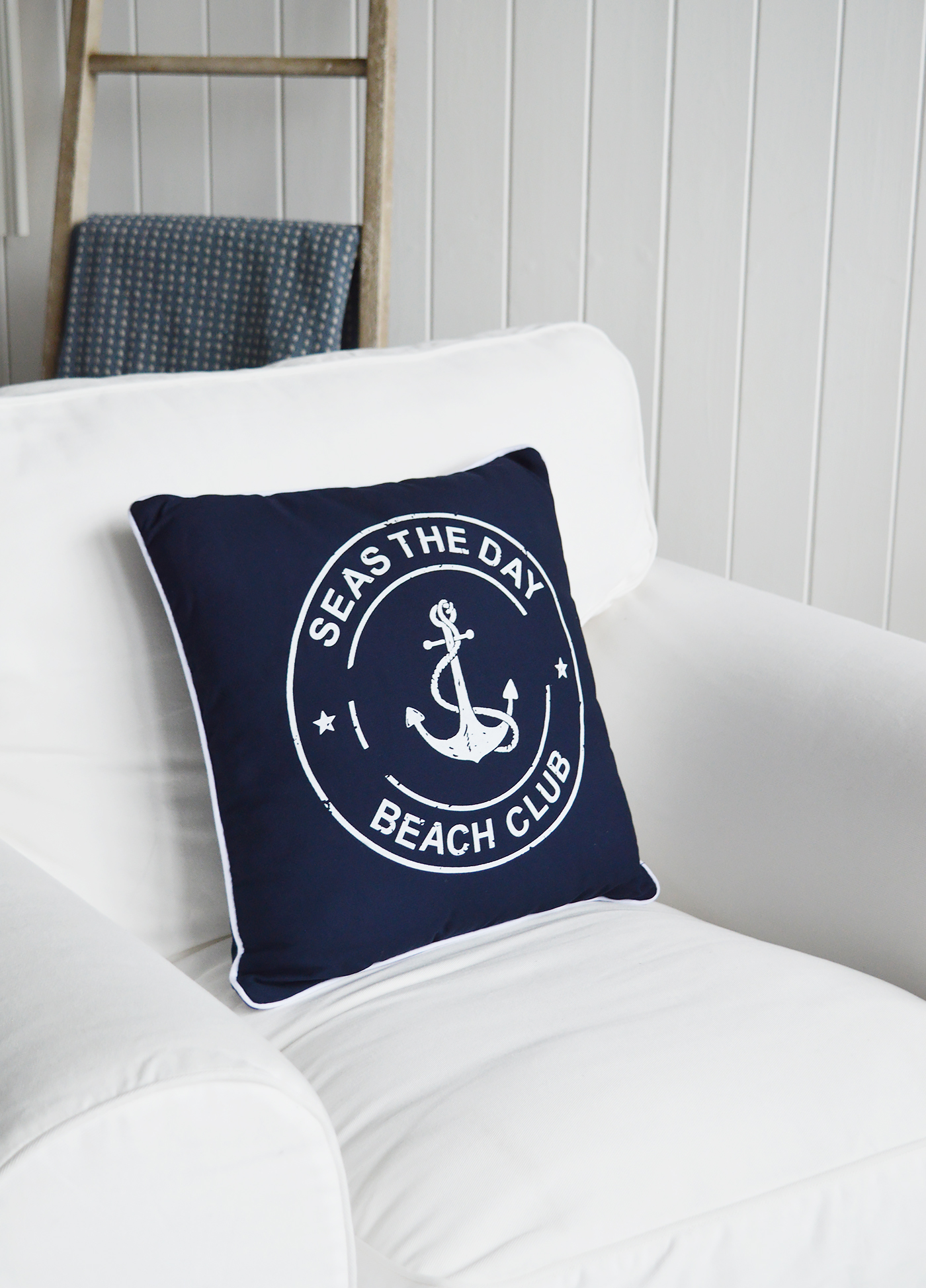 Navy and White Beach Club cushion with inner for coastal New England homes and interiors by the sea